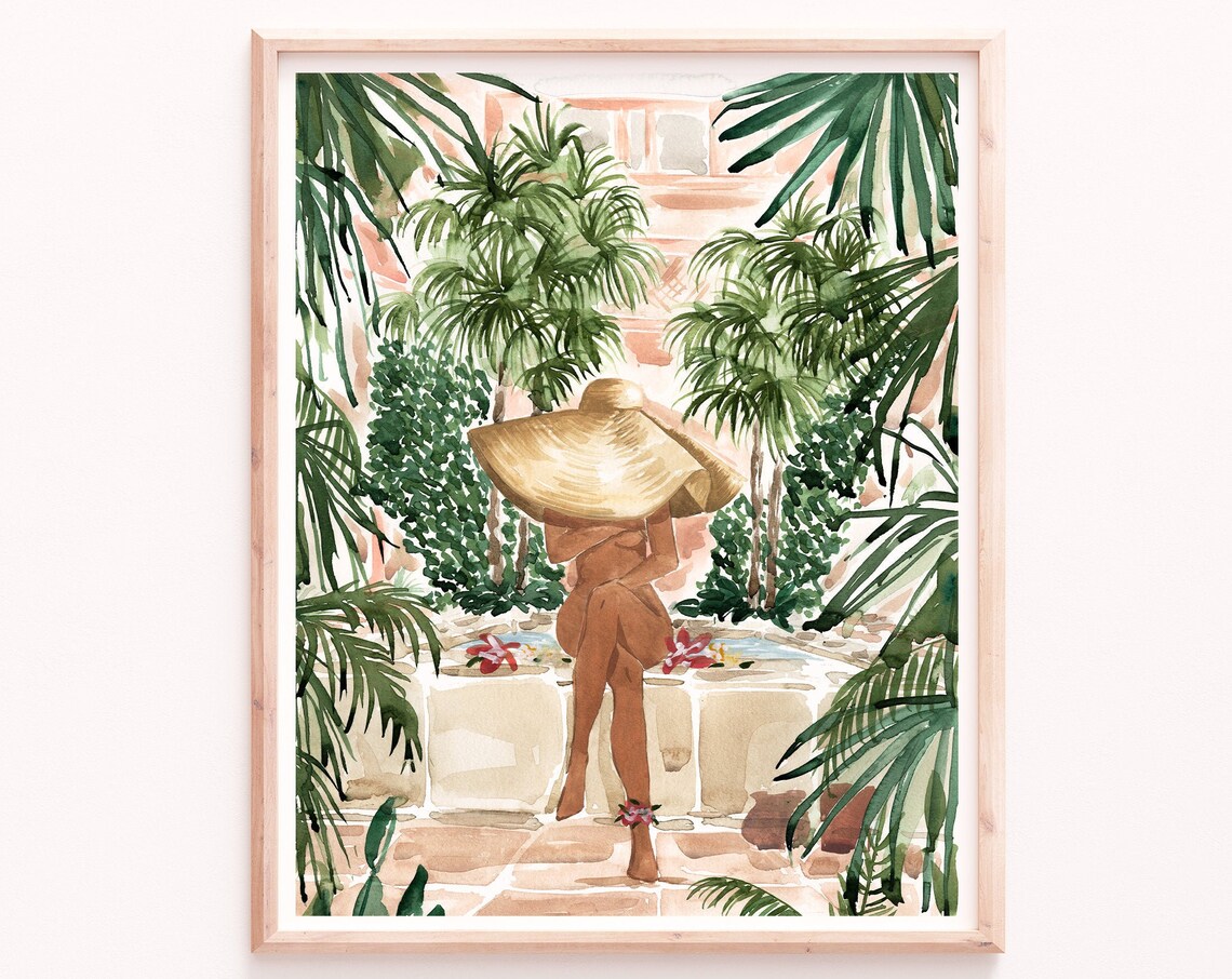 Boho Tropical Botanical Art Print, Summer Bathroom Decor