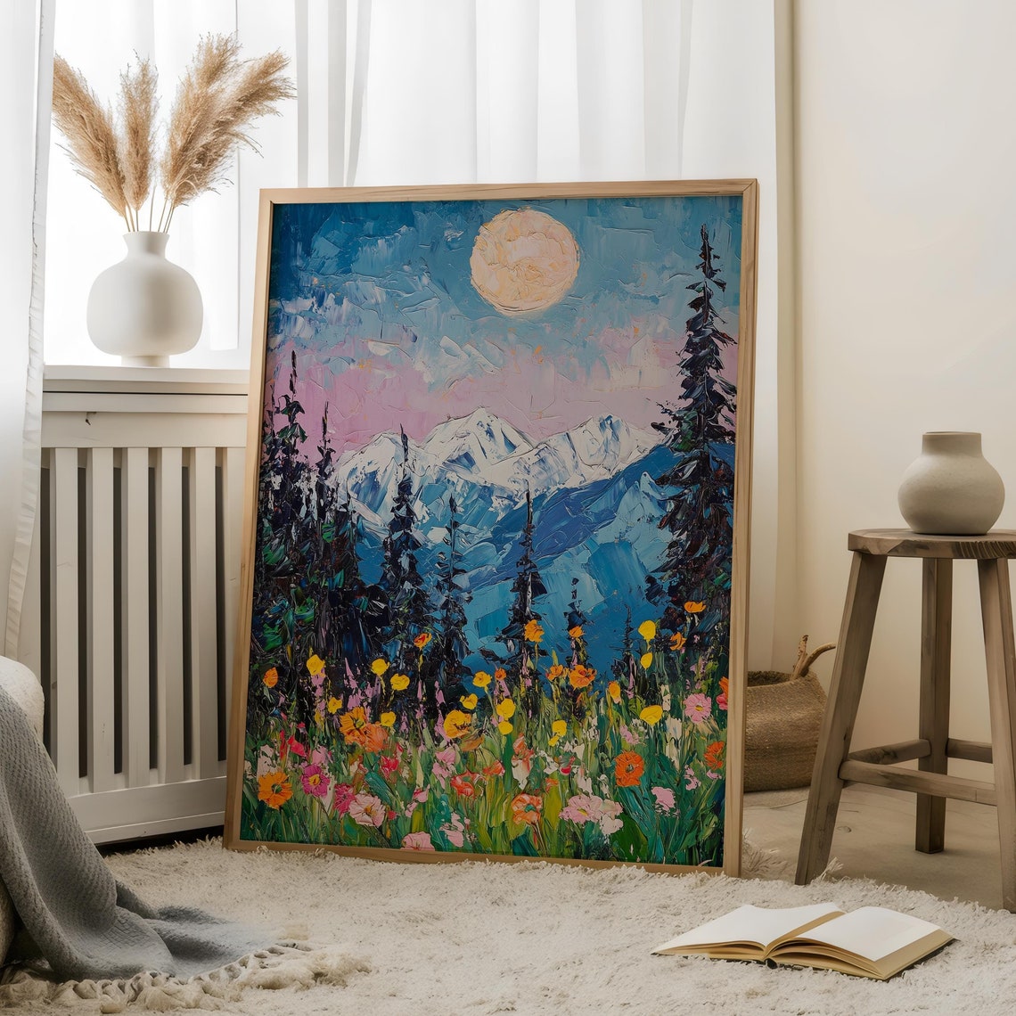 Full Moon Over Snowy Mountain Wildflower Meadow Impasto Wall Art