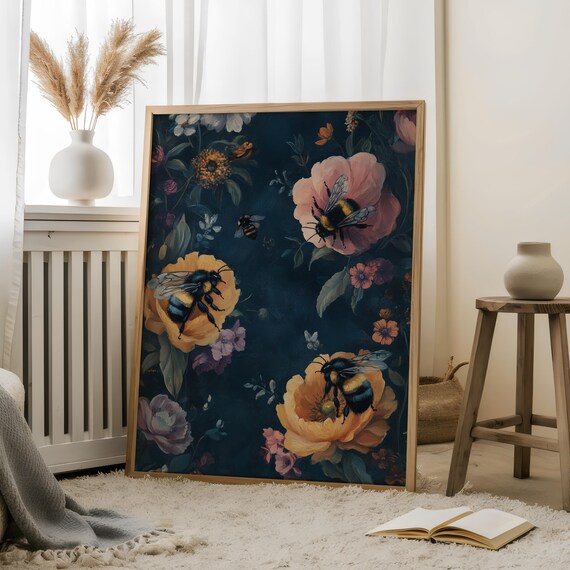 Moody Dark Floral With Bumblebees Vintage Botanical Art Print