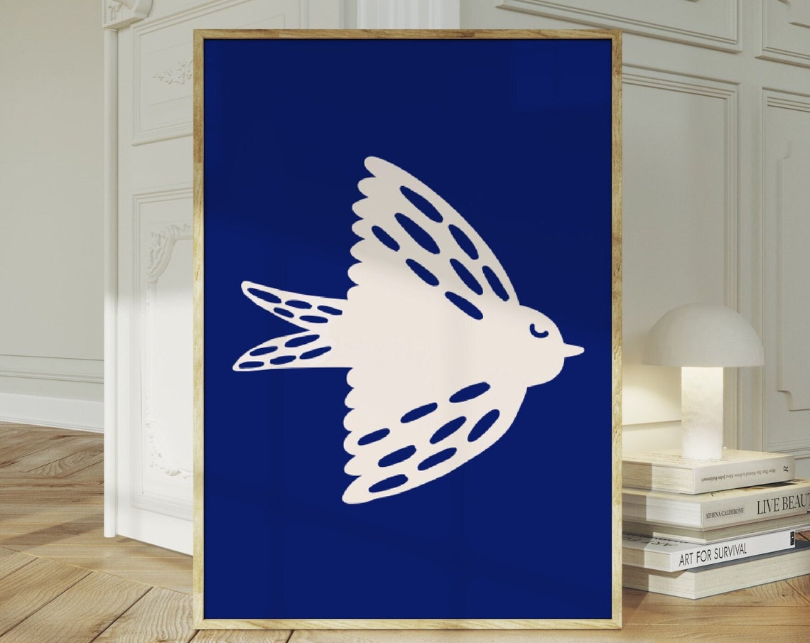 White Bird Flying Silhouette Scandinavian Navy Blue Minimal Art Print