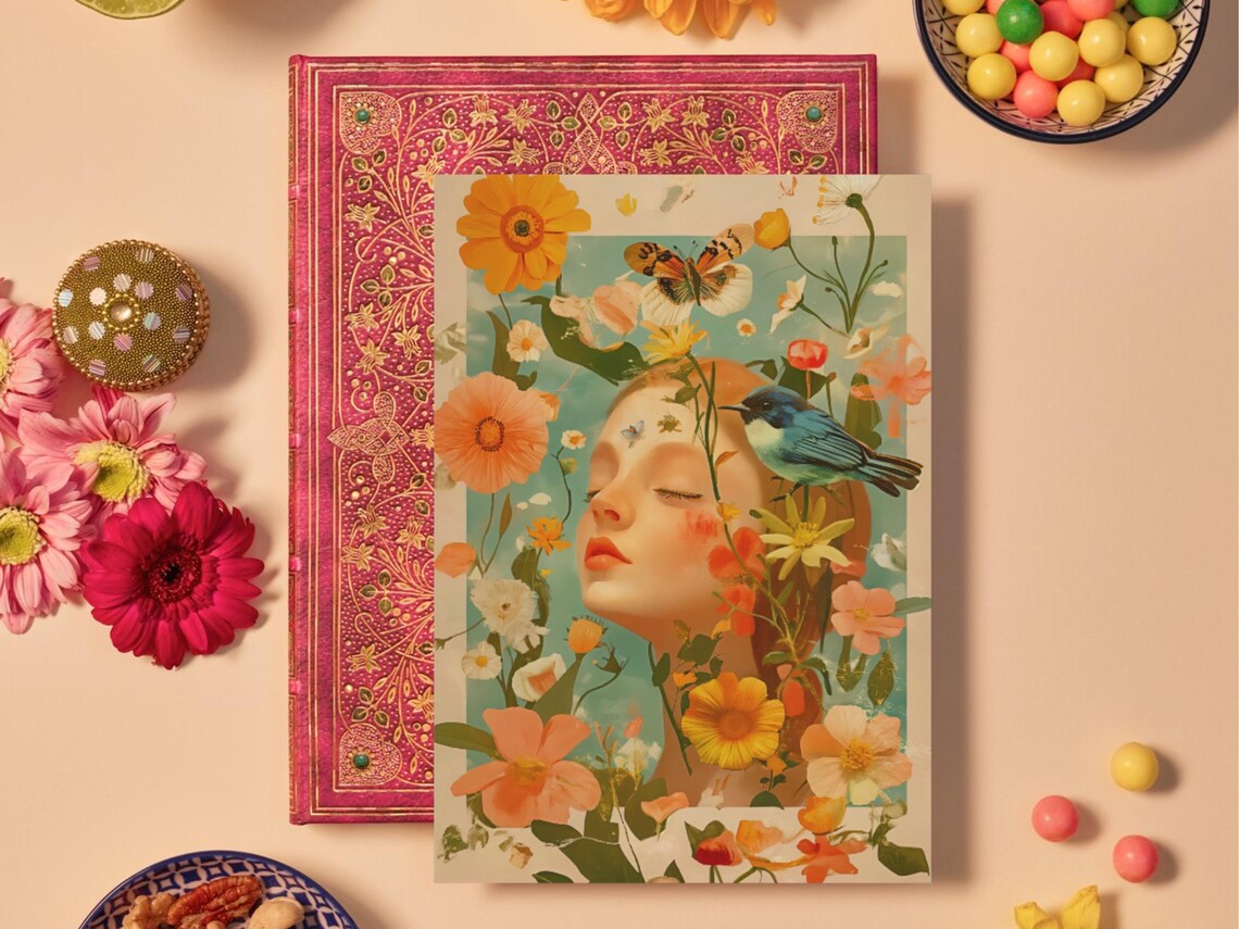 Vintage Floral Lady Portrait Orange Blooms Bluebirds Art Poster - Image 3