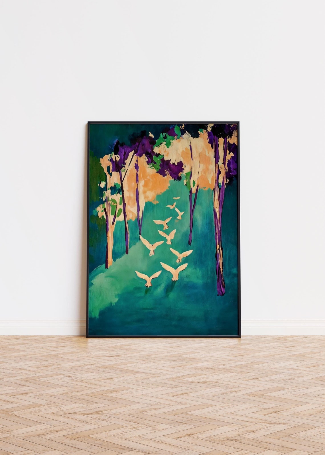 Abstract Forest Birds Flying Minimalist Modern Nature Art Poster