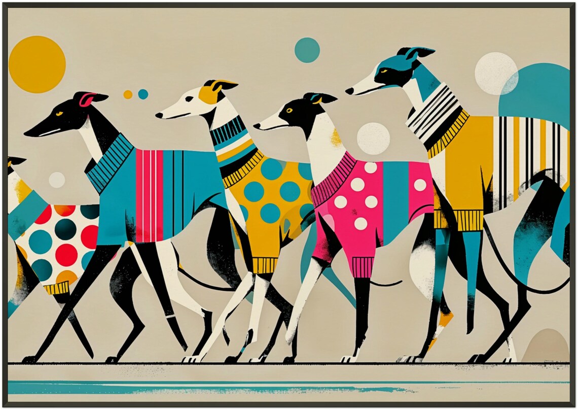 Stylish Greyhounds Walking Colorful Geometric Dog Sweaters Art Poster