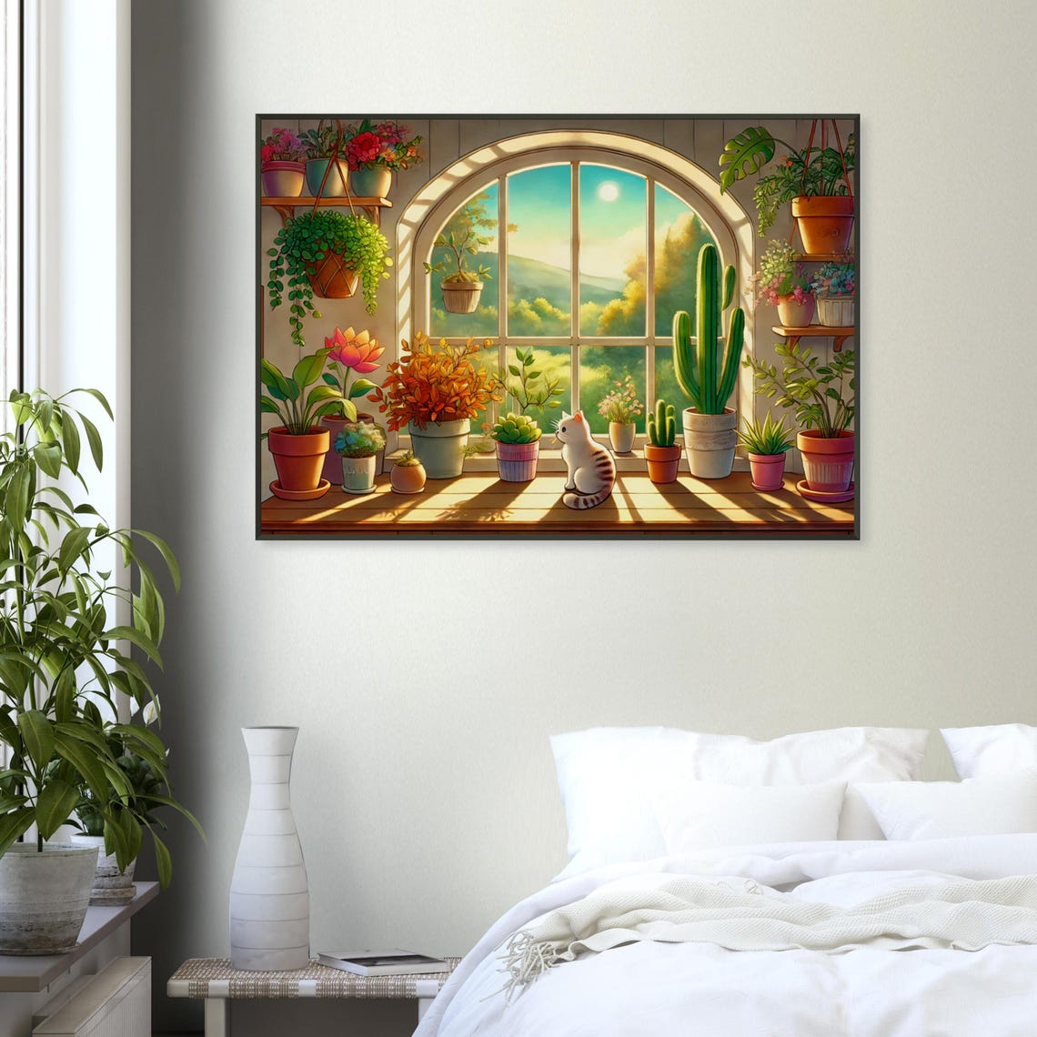 White Cat Sunlit Windowsill Houseplant Cozy Illustration Poster - Image 4