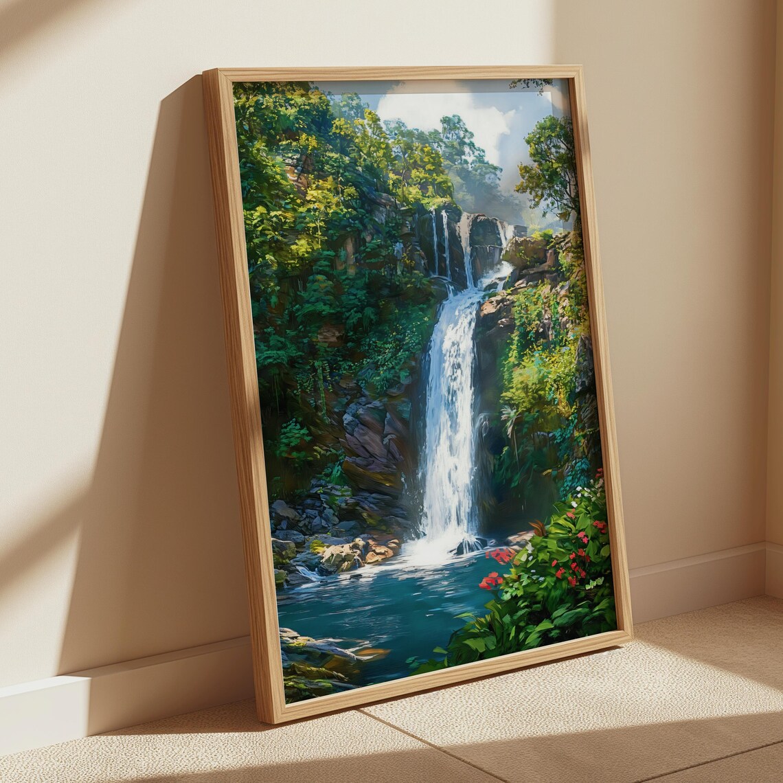 Waterfall Wall Art Mountain Forest Waterfall Landscape Illustration Tropical Botanical Art Unframed - Image 4