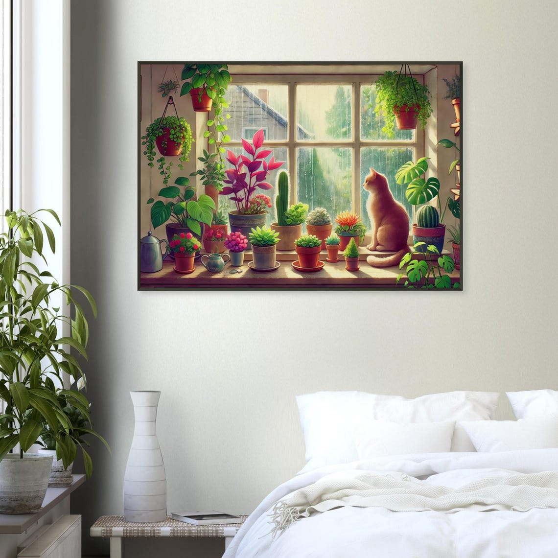 Ginger Cat Watching Rain Windowsill Plants Illustration Poster - Image 4