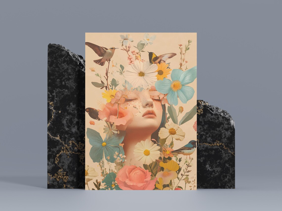 Vintage Floral Lady Portrait Butterflies Birds Boho Art Poster - Image 2