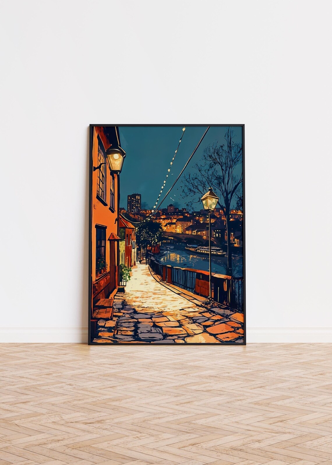 Night Riverside Cityscape Glowing Vintage Street Lamps Art Poster