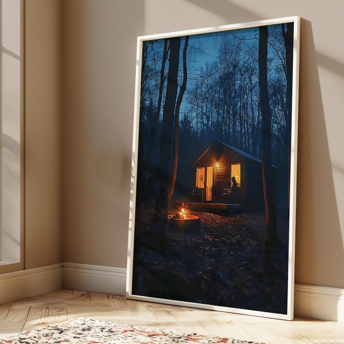 Night Cabin In Dark Winter Woods With Campfire Glow Art Poster - Image 2