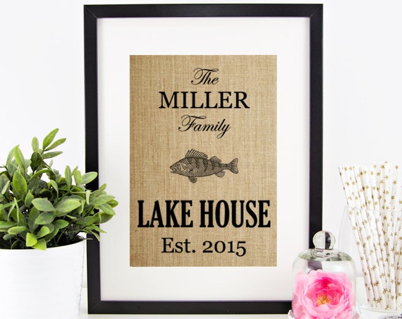 Lake House Decor Lakehouse Sign Lake Life Decoration Burlap Print Personalized Lake Sign Fish Wall Art House Warming Gift