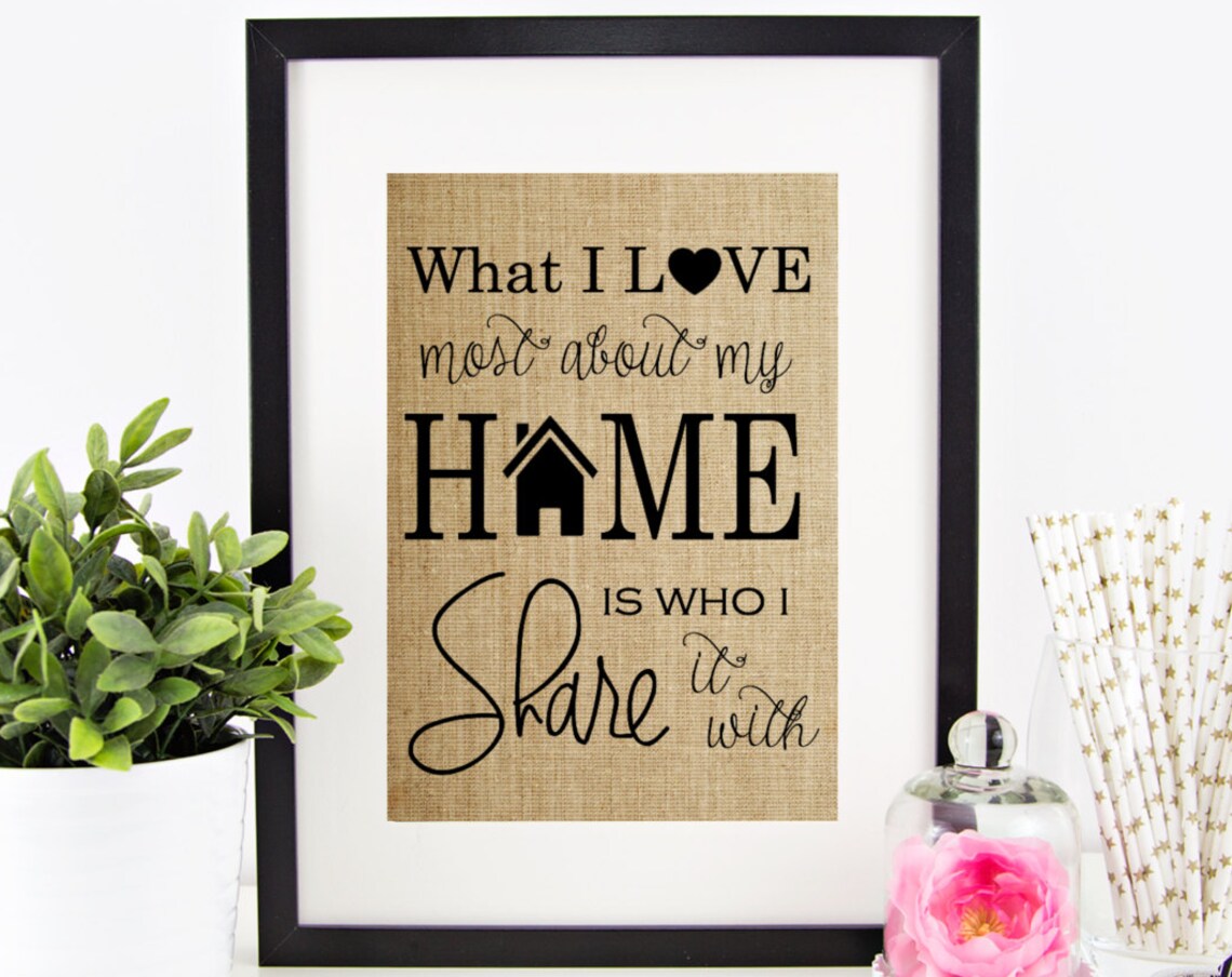 What I Love Most About My Home Is Who I Share It With Burlap Poster