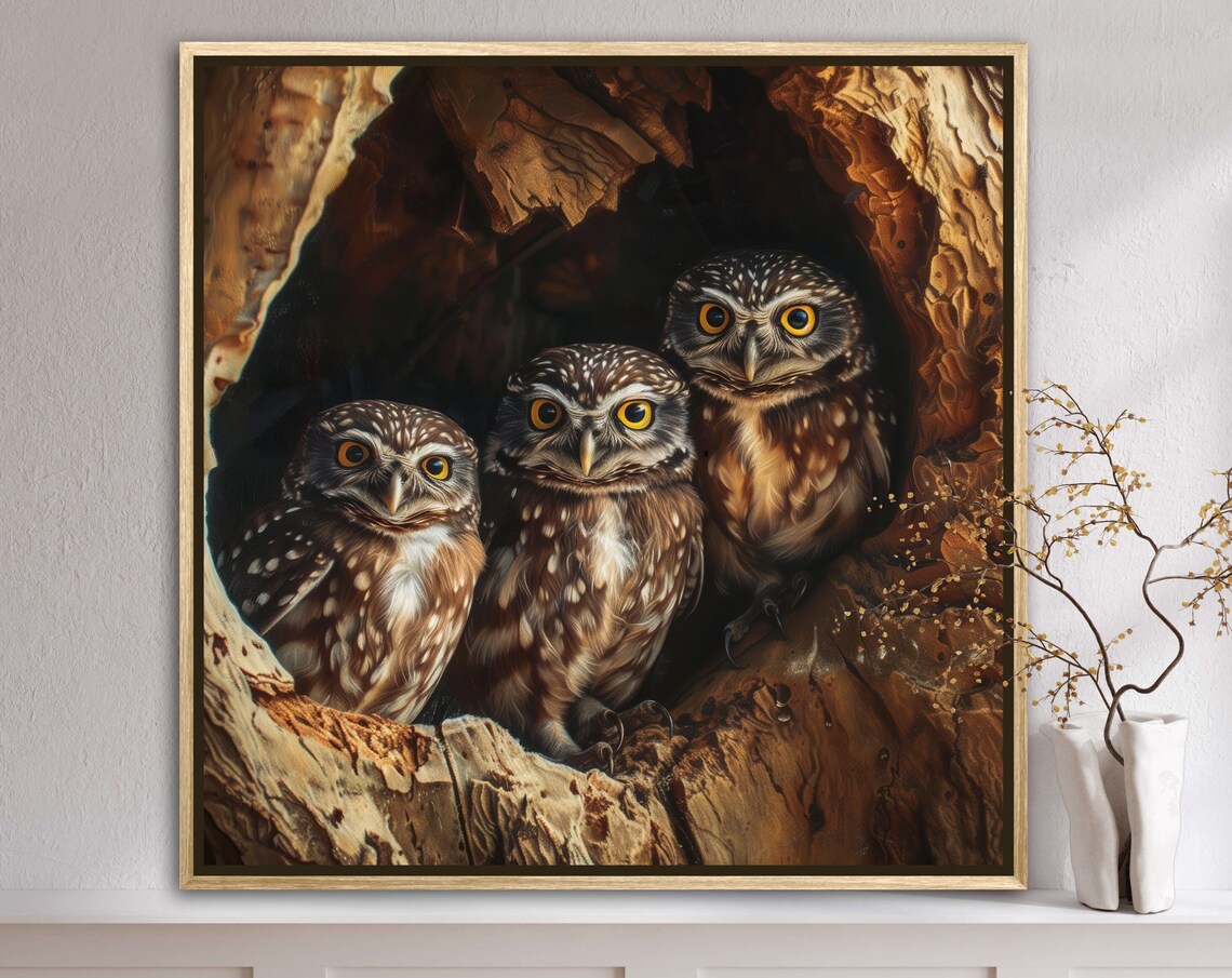 Adorable Trio Of Burrowing Owls Tree Hollow Portrait Art Print