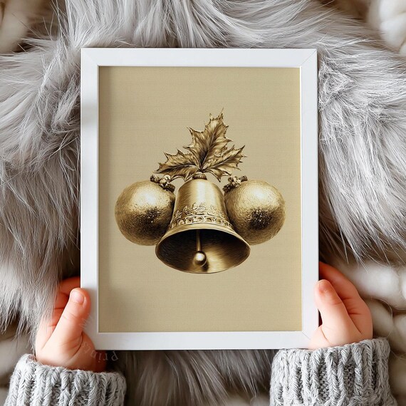 Golden Christmas Bells Print Vintage Ornaments Holly Leaves Holiday Decor