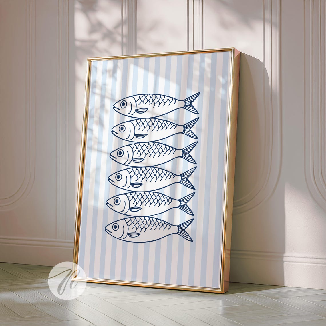Retro Sardines Blue Stripes Coastal Kitchen Seafood Art Poster