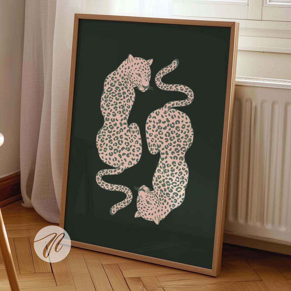 Twin Pink Cheetah Duo Sage Green Preppy Leopard Dorm Room Art Poster