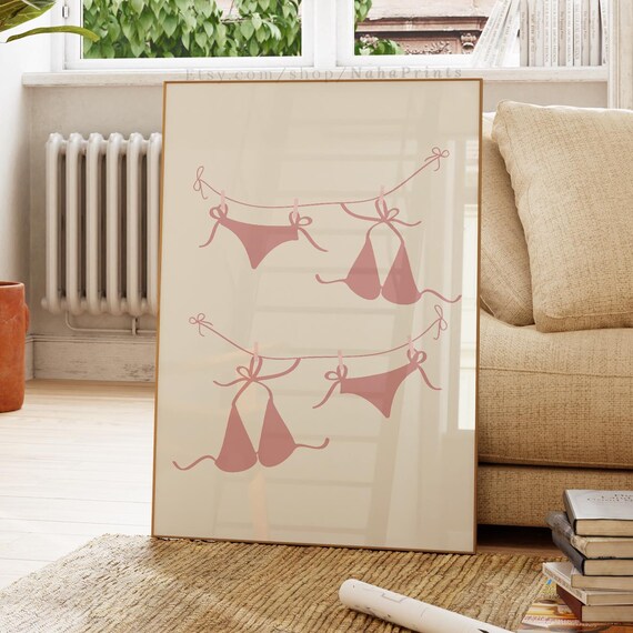 Pink Bikini Swimsuits On A Line Coastal Beach Illustration Poster