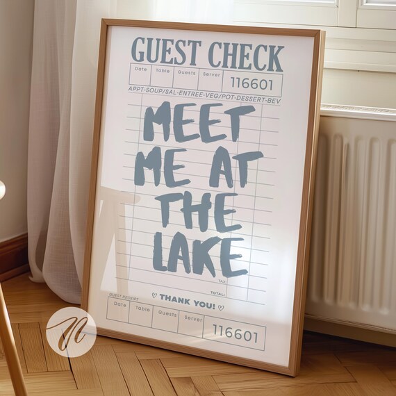 Meet Me At The Lake Guest Check Blue Typography Coastal Lake House Poster