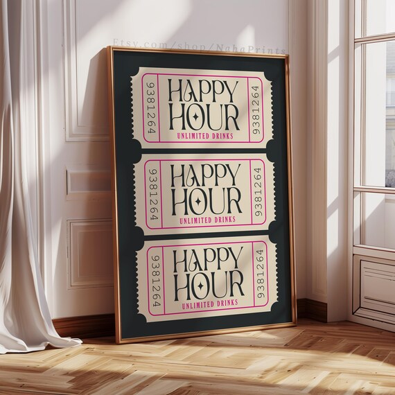Happy Hour Ticket Poster, Retro Neutral Bar Cart Decor