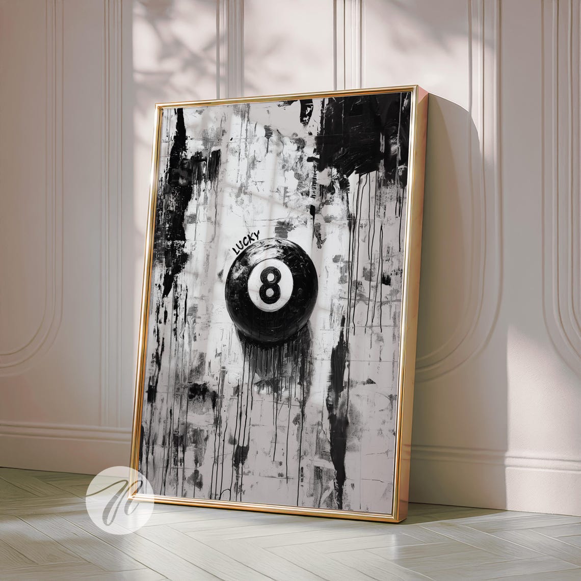 Lucky 8 Ball Abstract Black and White Monochrome Trendy Room Poster