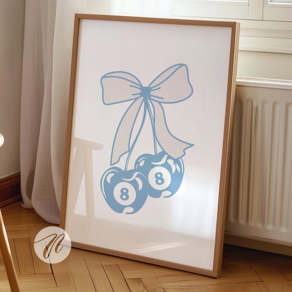 Blue 8 Ball Cherry Bow Poster Hand Illustrated Wall Art Prints Trendy Preppy Room Coquette College Apartment Decor