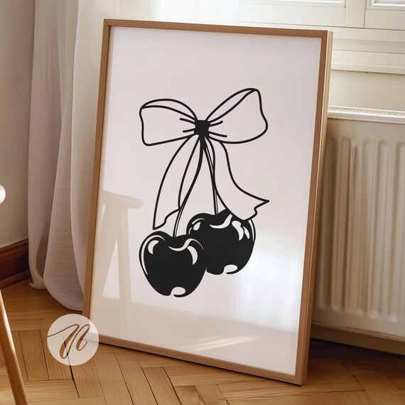 Black Bow Cherries Monochrome Line Art Trendy Coquette Poster