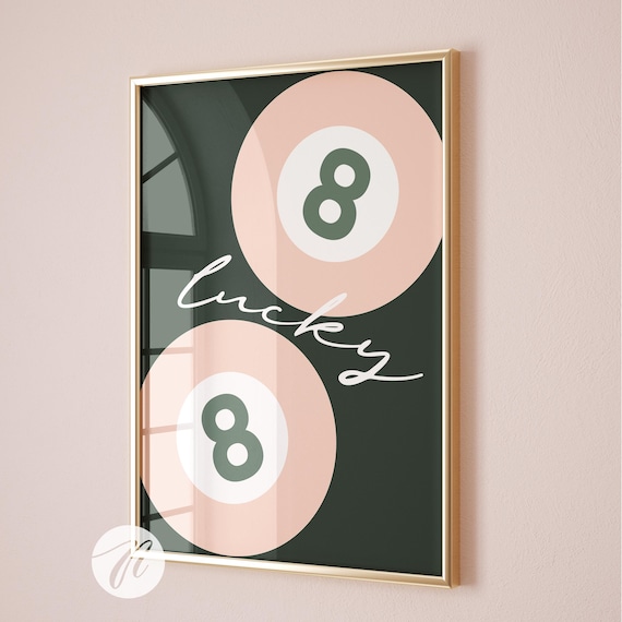 Lucky Double 8 Ball Pink Script Dark Background Trendy Print