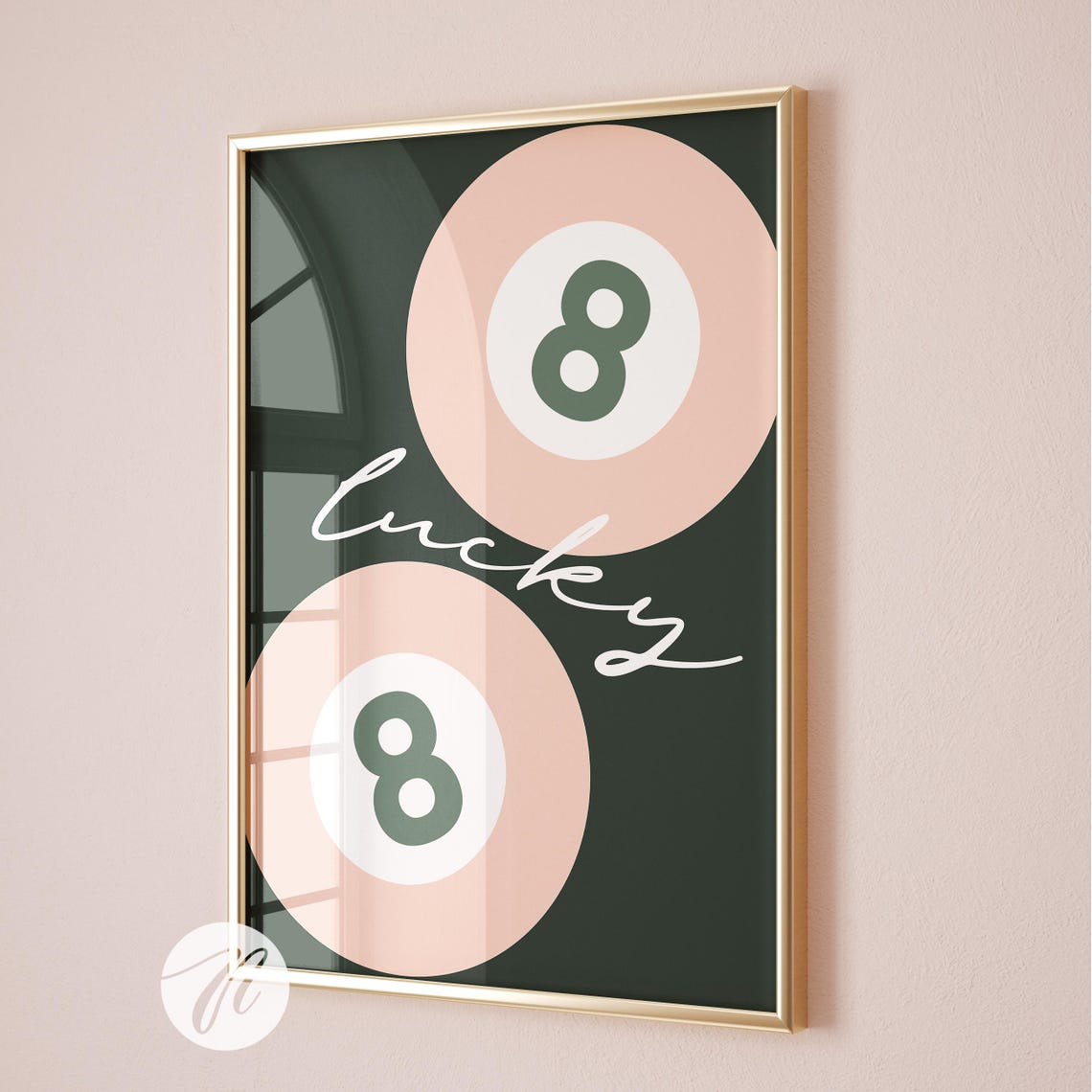 Lucky Double 8 Ball Pink Script Dark Background Trendy Print