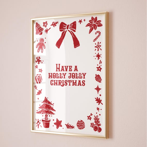 Trendy Christmas Print Merry Winter Poster Typography Red Quote Have A Holly Jolly Wall Art Cute Coquette