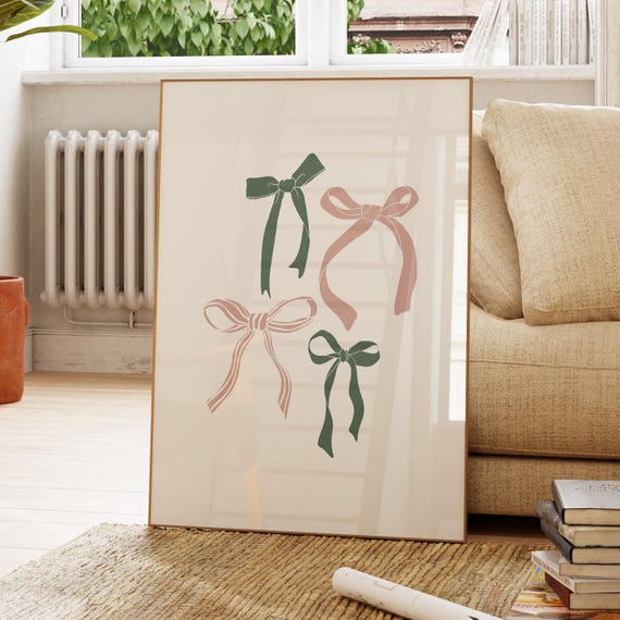 Pink Sage Green Bows Print Coquette Decor Preppy Wall Art Poster Girly Room Apartment Cute Old Money