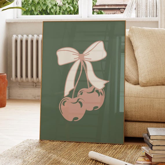 Pink Green Bow Cherry Poster Hand Illustrated Wall Art Prints Trendy Preppy Room Coquette College Apartment Decor