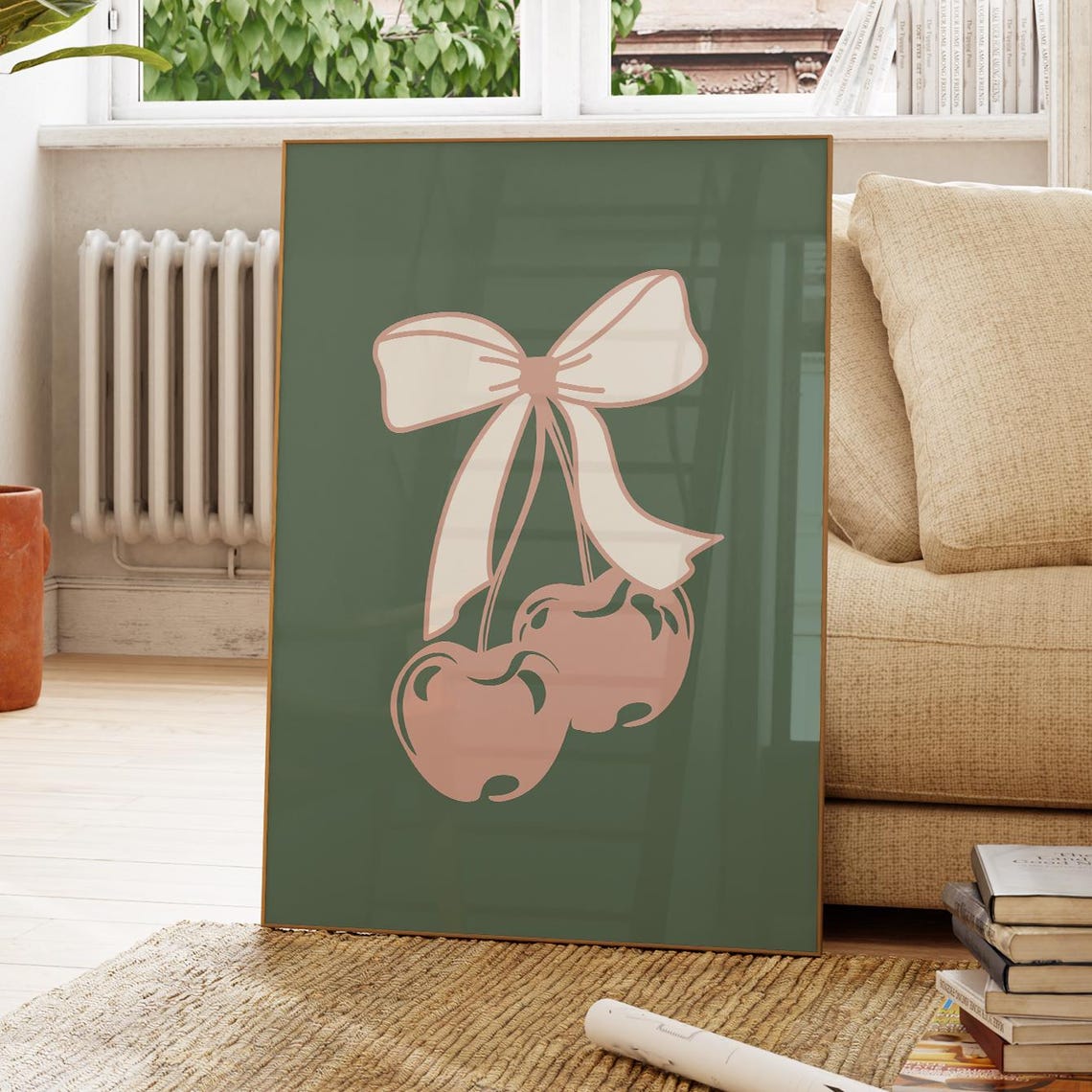 Pink Cherries with Bow Green Coquette Trendy Preppy Wall Art