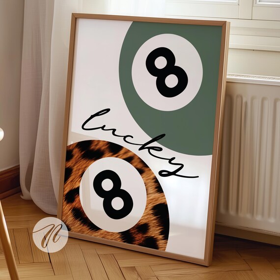 8 Ball Leopard Print Retro Lucky Girl Poster Sage Vintage Pool Wall Art Y2k Apartment Decor Funky Eight Bar Cart