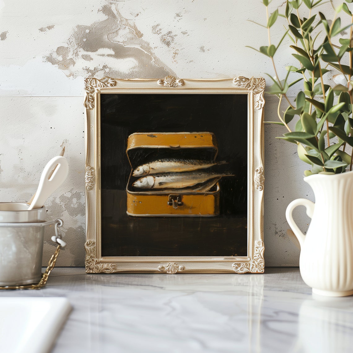 Anchovies In Tin, Oil Painting Rustic Kitchen Decor