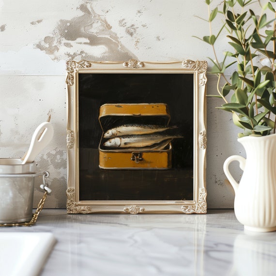 Anchovies In Tin, Oil Painting Rustic Kitchen Decor