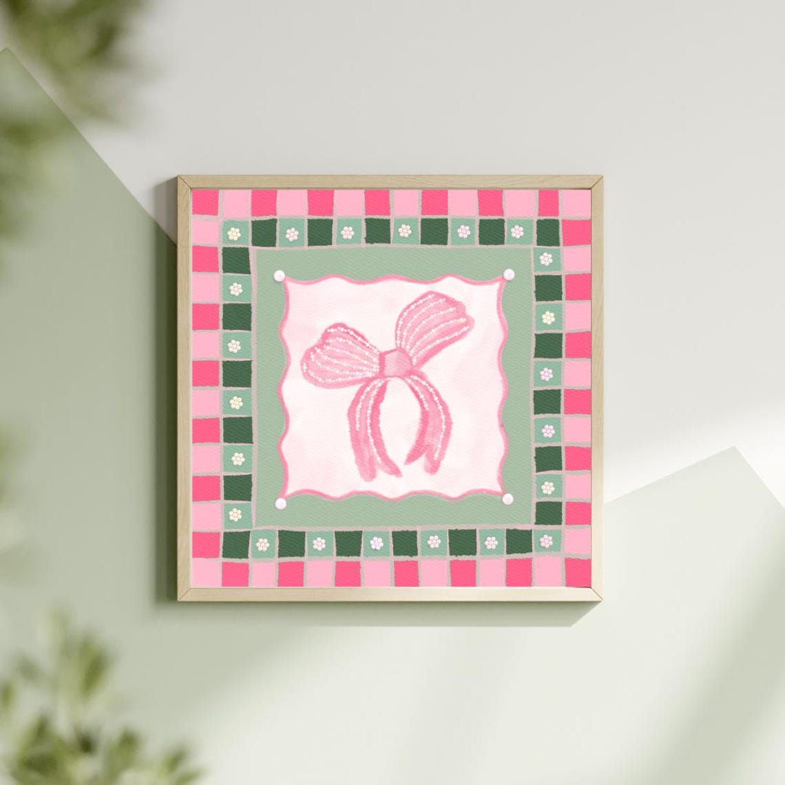 Pink Pearl Bow On Mint Green And Pink Checkerboard Square Poster - Image 2