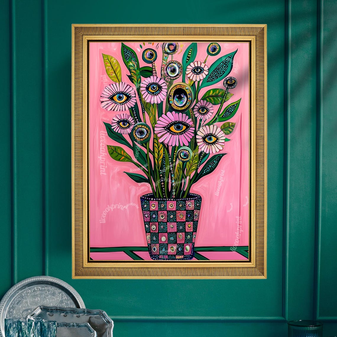 Surreal Pink Flowers with Eyes Surrealist Maximalist Botanical Poster