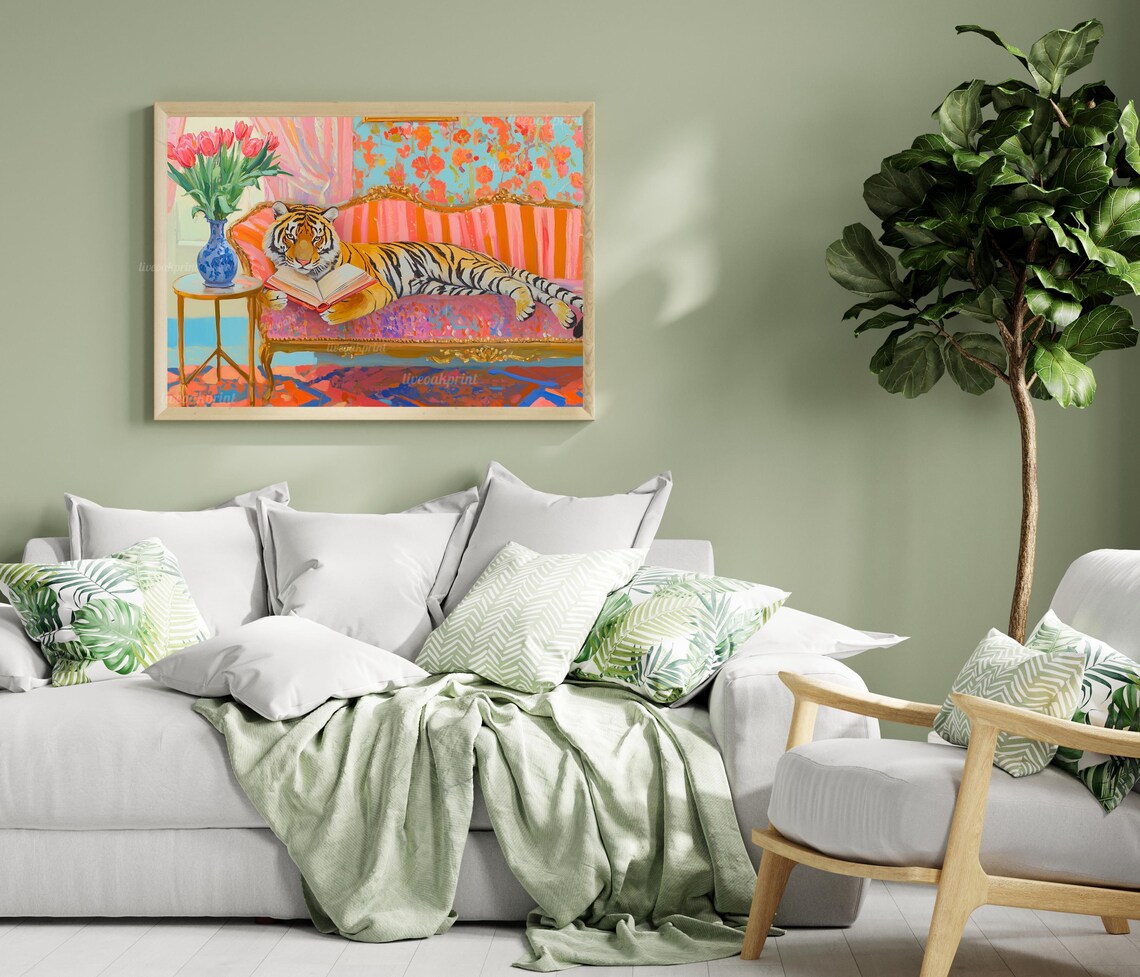 Tiger Reading in Bed, Maximalist Wall Art Print - Image 3