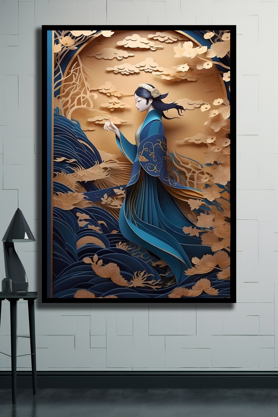Paper Cut Style Woman in Blue Kimono Waves and Golden Clouds Poster - Image 2