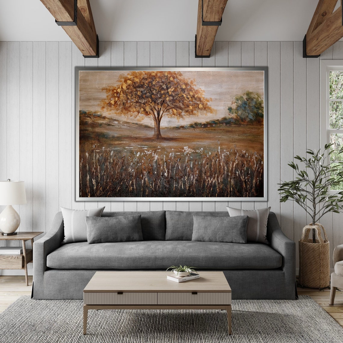 Golden Autumn Tree Field Textured Earth Tone Landscape Art Poster - Image 4