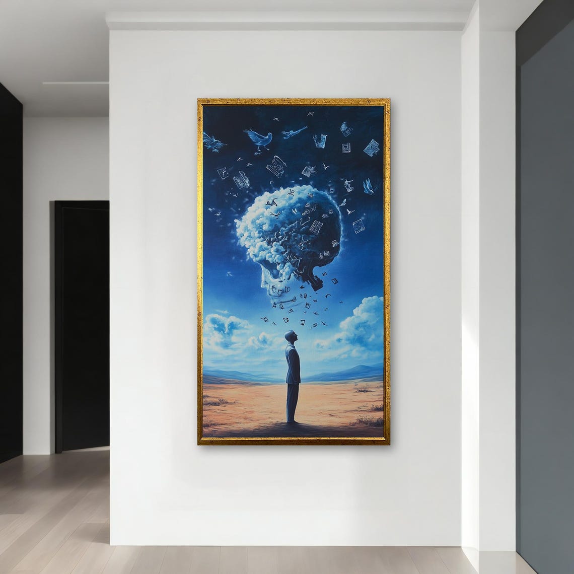 Surreal Blue Dreamscape Art Surrealist Skull And Birds Wall Decor Thoughtful Gift Abstract Sky Painting Gift Idea - Image 4