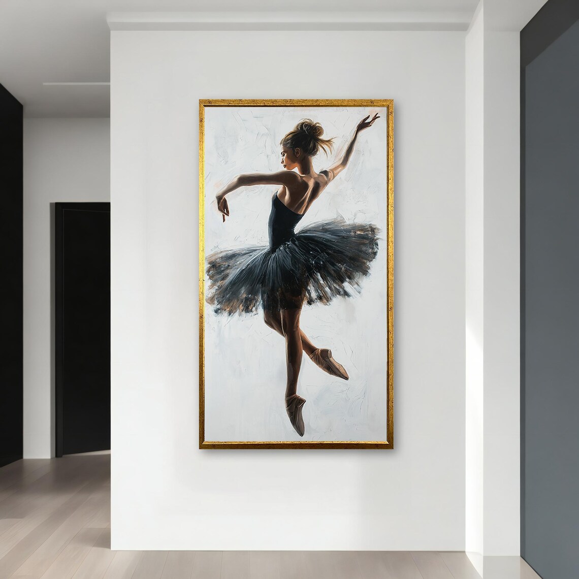 Ballerina in Black Tutu Mid Leap White Background Dance Art Poster - Image 4