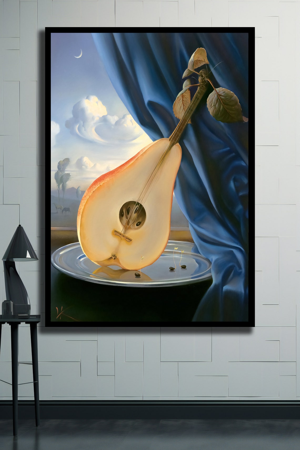 Surrealist Pear Lute Still Life Blue Drapery Dreamscape Poster - Image 2