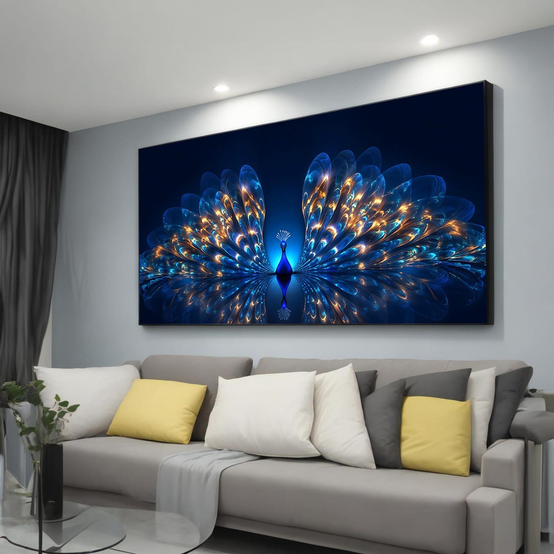 Blue and Gold Peacock Fractal Tail Feathers Dark Wall Art Poster