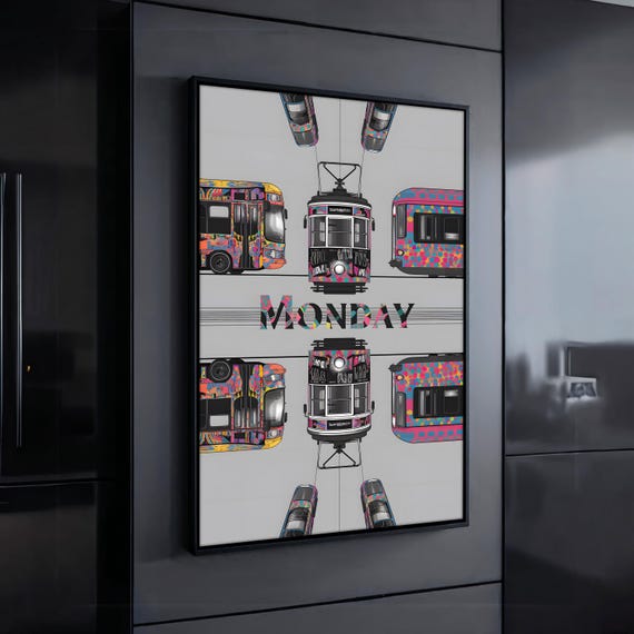 Colorful City Tram And Bus Modern Art Pop Art Style Wall Decor Geometric Retro Monday Design Print Unique Art Gift