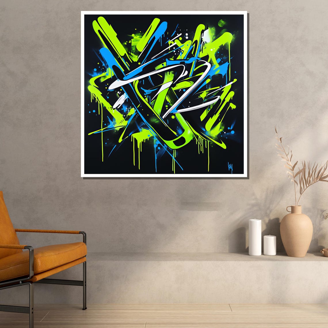 Neon Graffiti Abstract Lime Green Blue Bold Drip Street Art Print - Image 3