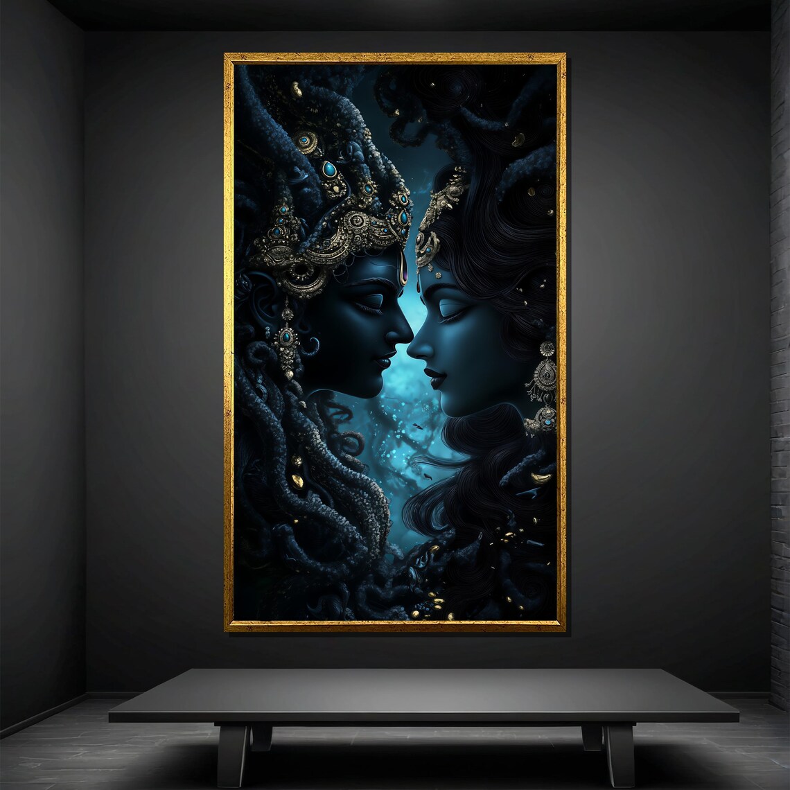 Radha Krishna Divine Love Couple Midnight Blue Spiritual Art Print