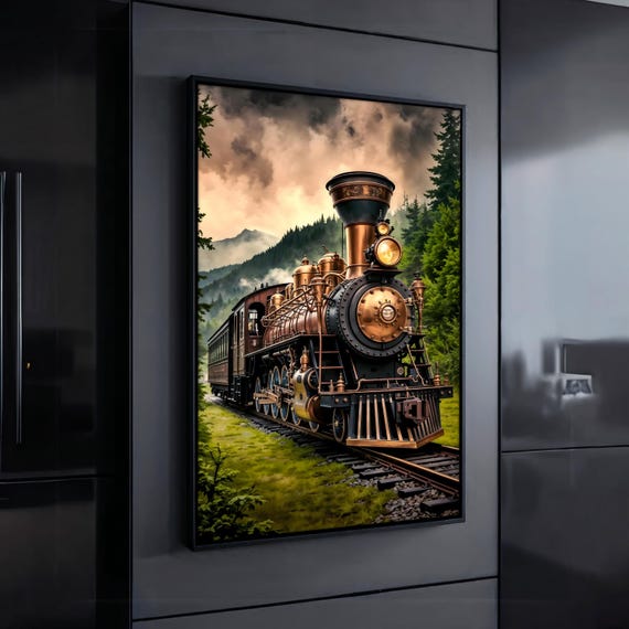 Vintage Steam Train Painting Retro Locomotive Wall Decor Style Railway Painting Ready To Hang Rustic Home Decor Art Gift