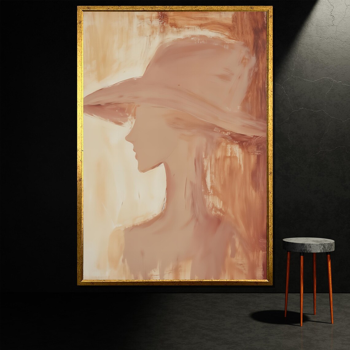 Minimalist Woman Wide Brim Hat Portrait Neutral Beige Tones Art Print