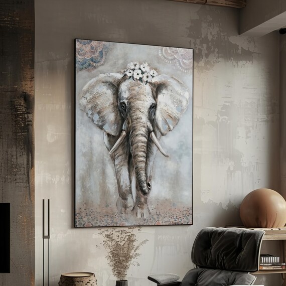 Elephant With Flower Crown Gray Textured Boho Mandala Wildlife Poster