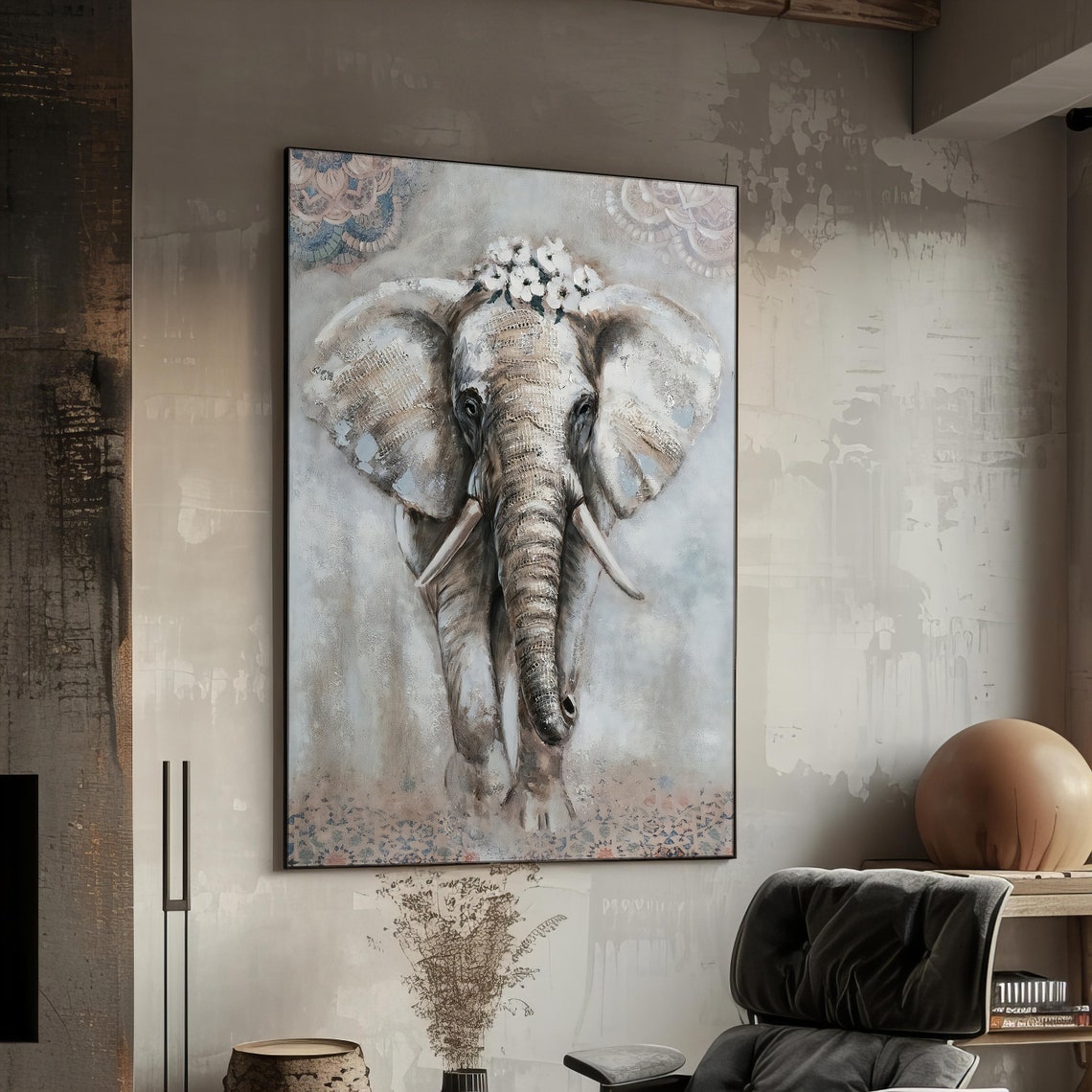 Elephant With Flower Crown Gray Textured Boho Mandala Wildlife Poster